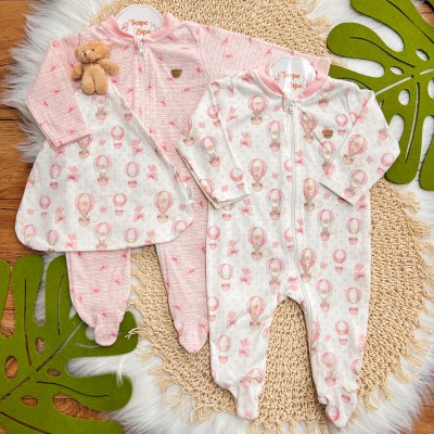 Kit 2 Macacões + Naninha Ursinha - Ursinha no Balão - Rose e Rosa